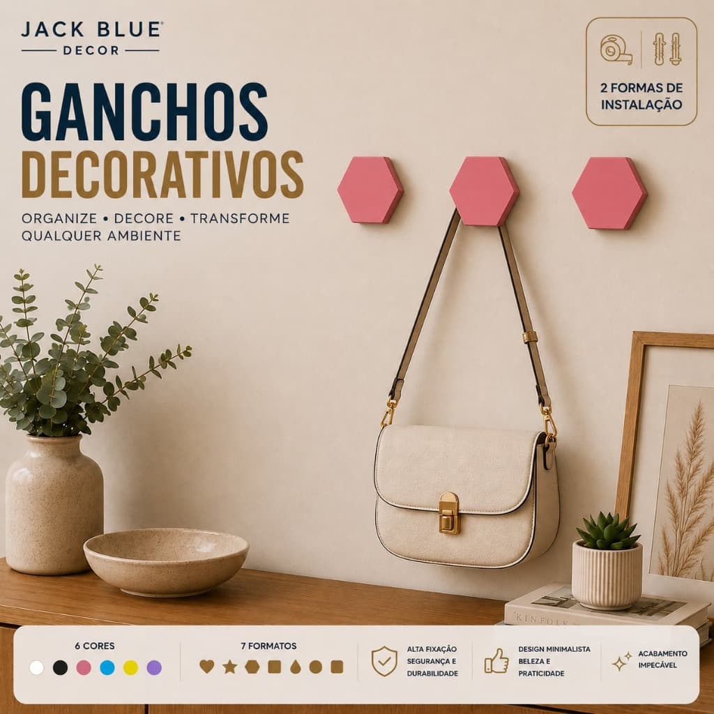 Kit Ganchos Parede Hexagonal Fita Dupla 3M ouParafuso Suporte Cabideiro Multiuso Bolsa Toalha Mochila Casaco Decorativos