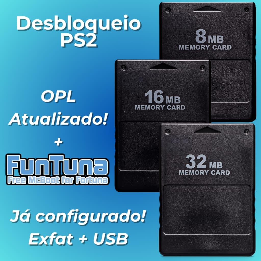 Memory Card FMCB FUNTUNA OPL ATUALIZADO P/PS2 Exfat USB Pendrive HD Externo Jogos Play2