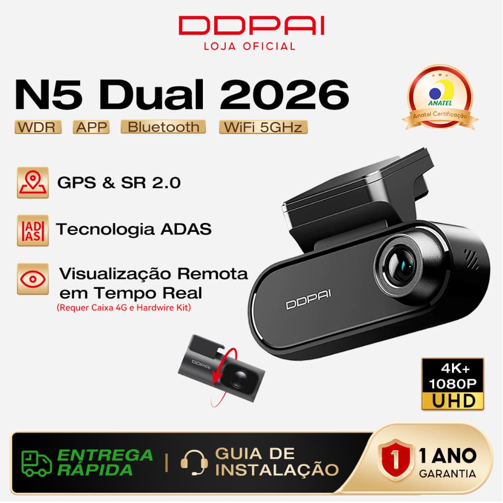 Câmera Veicular DDPAI N5 Dual 2026 Suporte a Monitoramento Remoto em Tempo Real 4K HDR +1080P WiFi 5G GPS G-Sensor