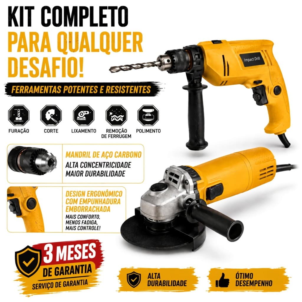 Furadeira 950W + Esmerilhadeira 950W Kit Profissional Ferramentas Elétricas para Corte e Perfuração