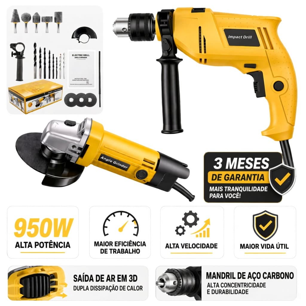 Kit Furadeira + Esmerilhadeira 950W Profissional Motor de Cobre 2 em 1 Corte Perfuração e Lixamento