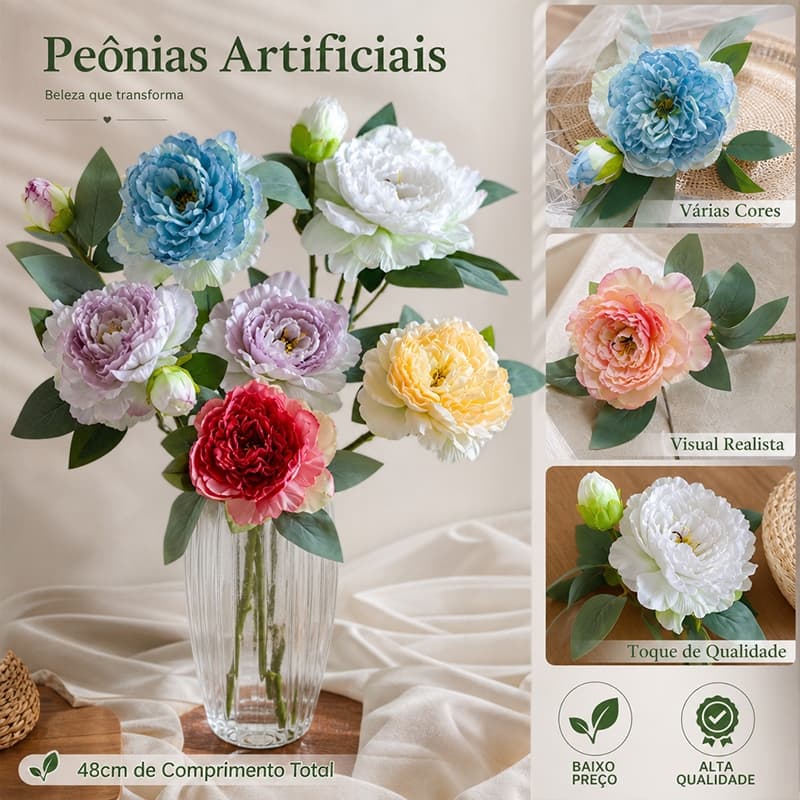 Peônia Artificial com 2 Flores Realistas Grande e Pequena Decoração Casa Festa Casamento