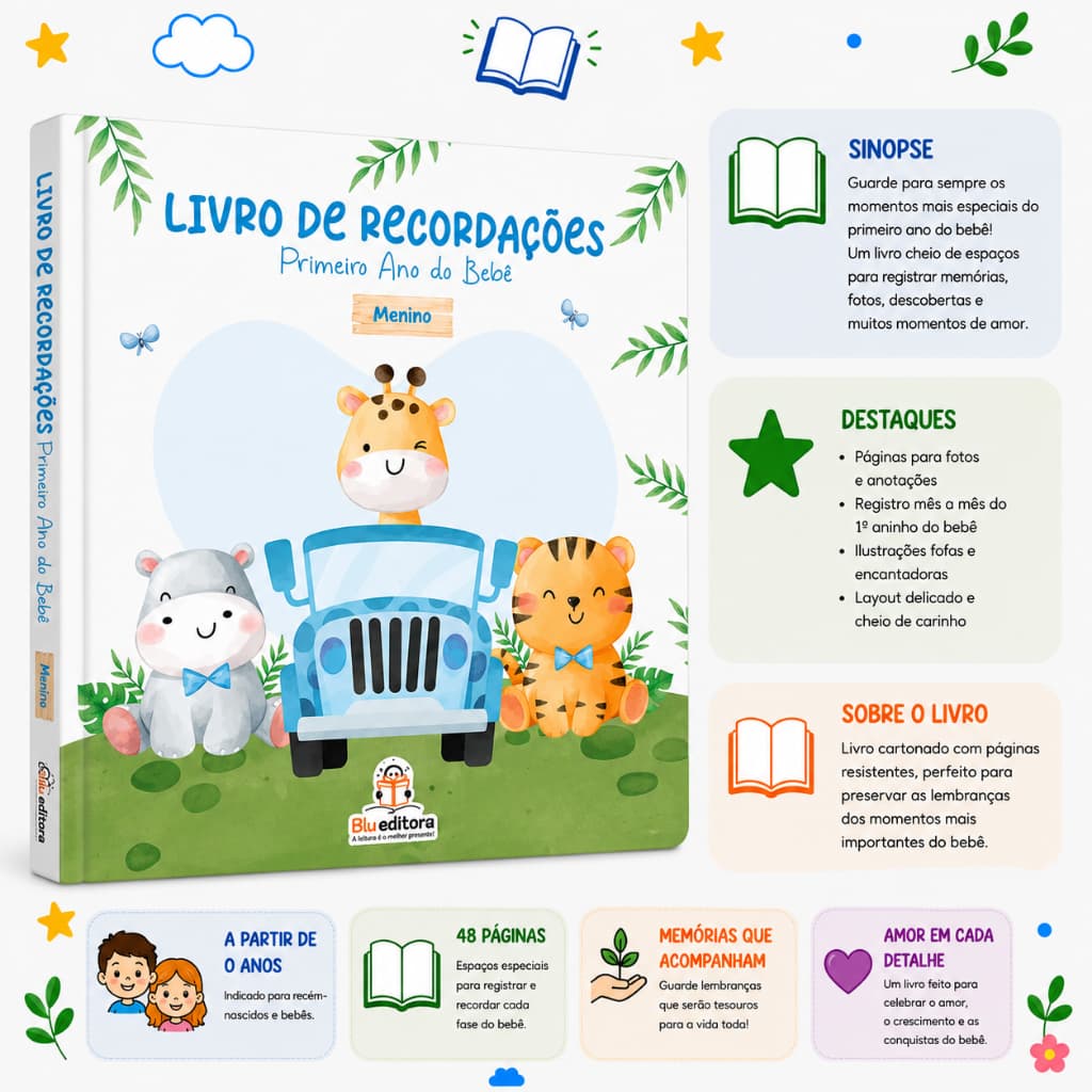 Livro De Recordações Primeiro Ano Do Bebê : Menino | Blu Editora Capa Dura Memórias Gestação Ao 1º Ano