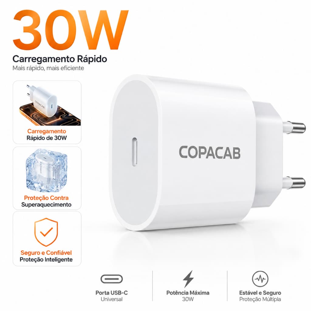 Carregador  fonte 30W PD USB-C para iPhone 18 17 16 15PLUS 14 Pro Max 13 12Mini 11 XSMAX, Carregamento Rápido tipo C