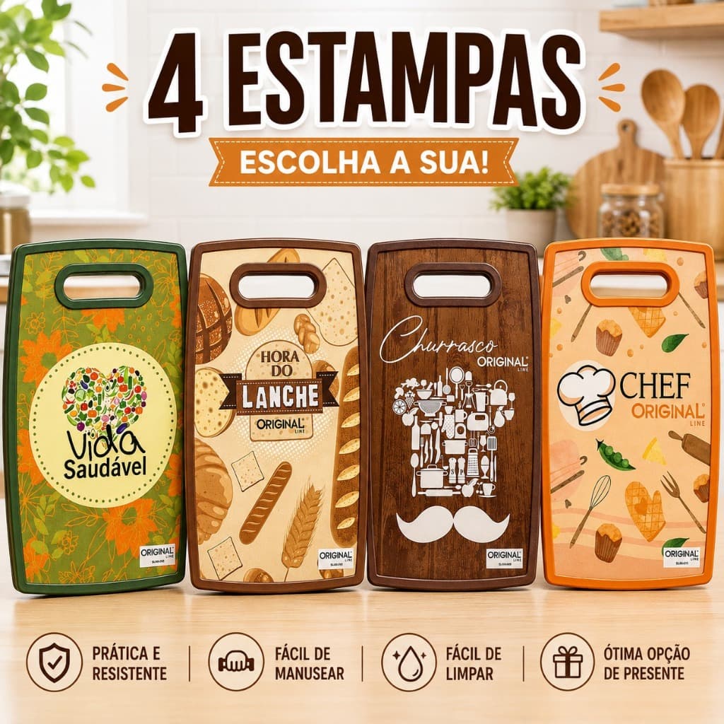 Tábua de Corte para Cozinha 30x20cm com Alça – Estampada Prática para Carnes Legumes e Alimentos