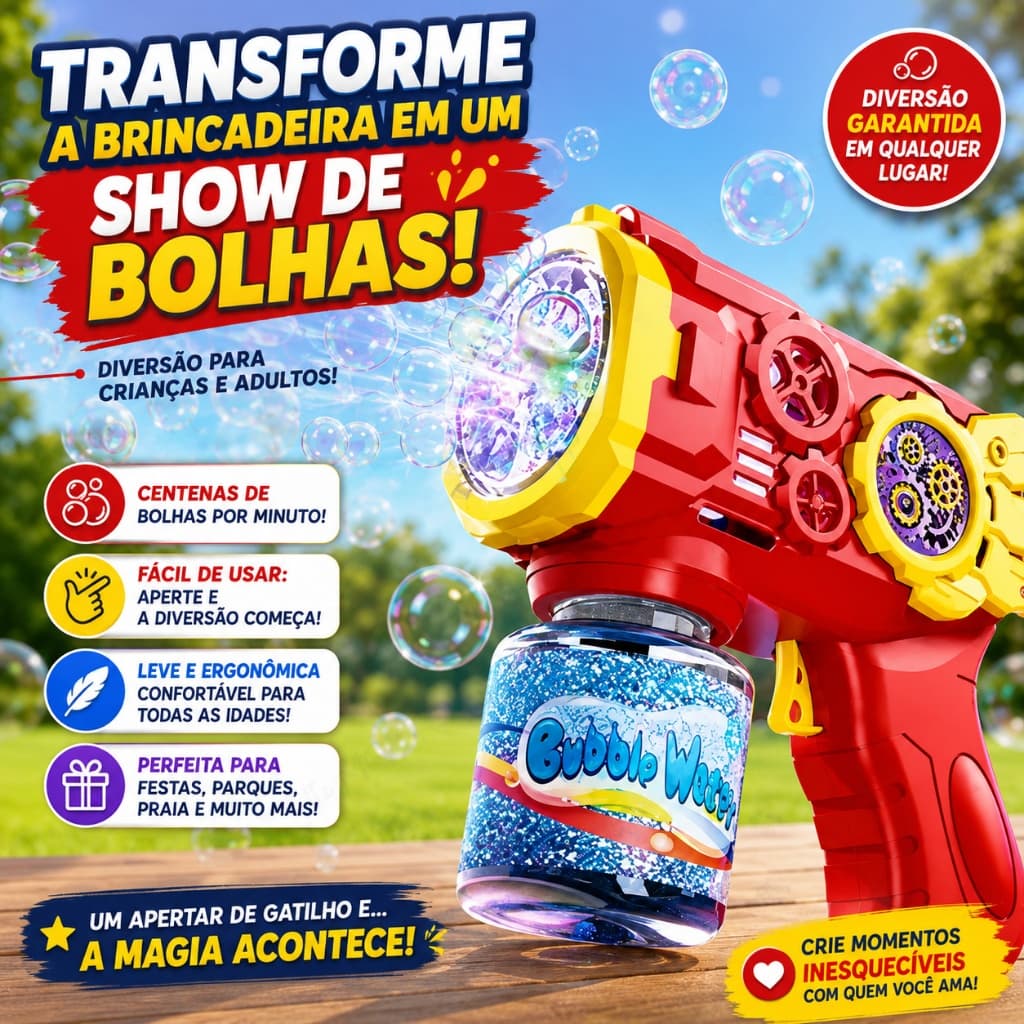 Pistola de Bolhas Automática Bubble Gun Infantil Vermelha com Refil Brinquedo para Crianças