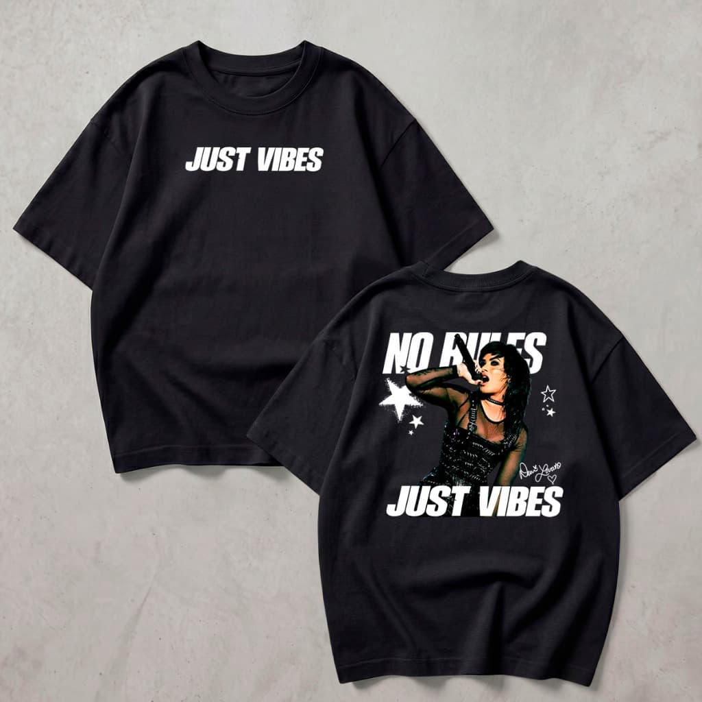 Camiseta Demi Lovato Just Vibes No Rules Algodão Unissex Estampada Pop Rock Música Cantora Streetwear