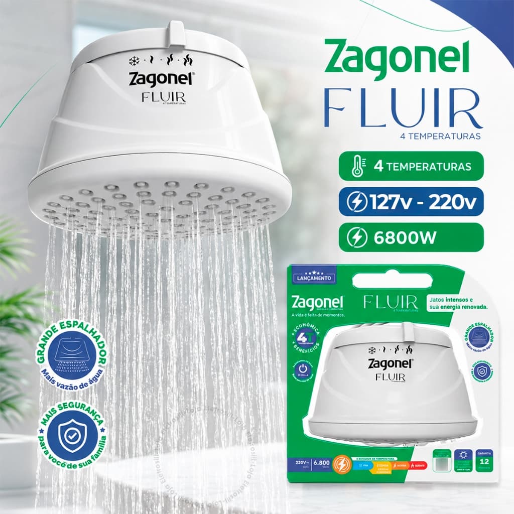Ducha Chuveiro Fluir 4 Temperaturas Zagonel Branco Chuveiros Alta Vazão 5500W 6800W 127V 220V
