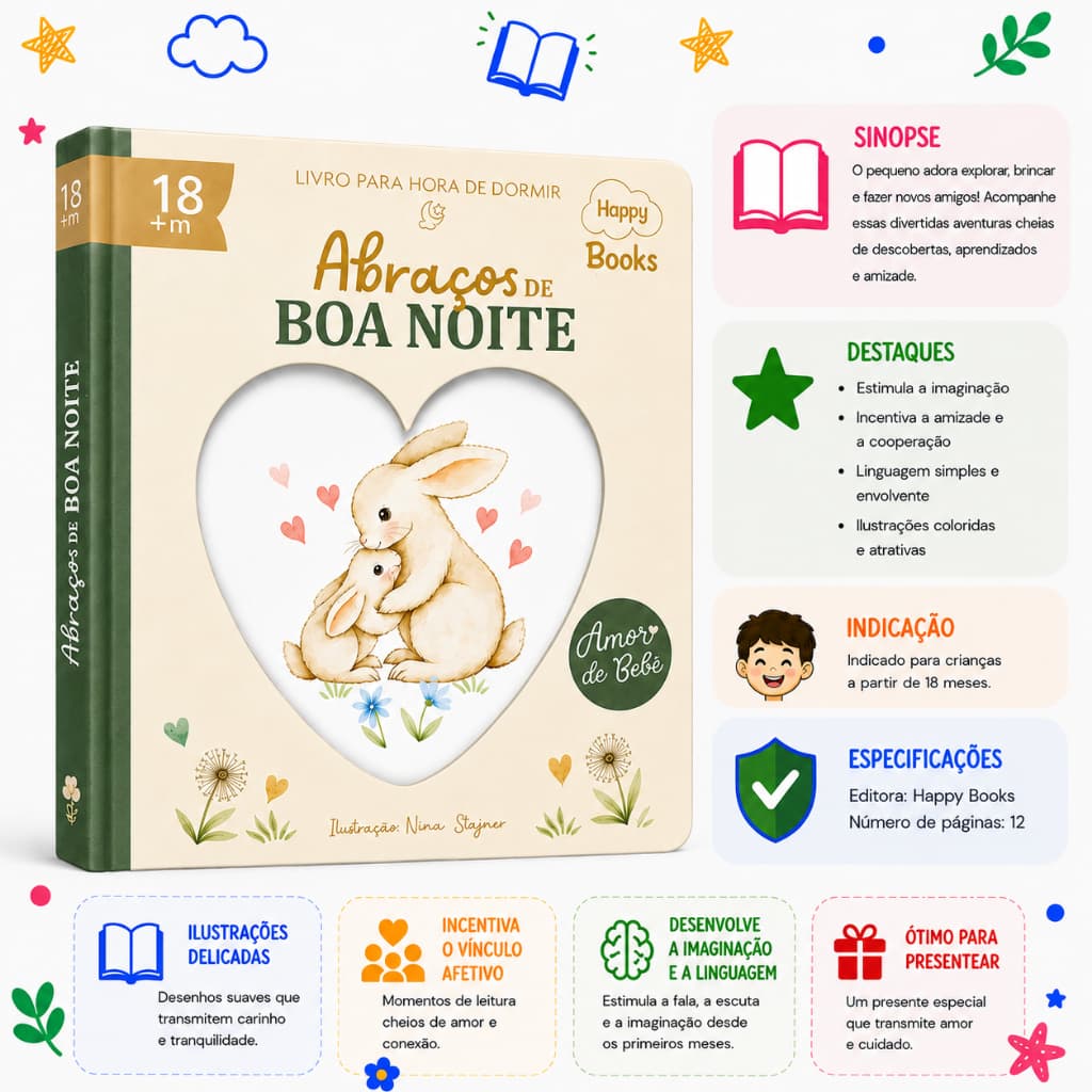Amor de Bebê Abraços de Boa Noite | Livro Infantil para Bebê | Happy Baby | Happy Books | +18 meses