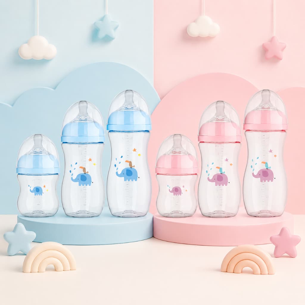 Kit com 3 Mamadeiras e Escova de Limpeza Easy Flow Buba 120/270/330ML Elefante Rosa/Azul com Sistema Anti-Cólicas