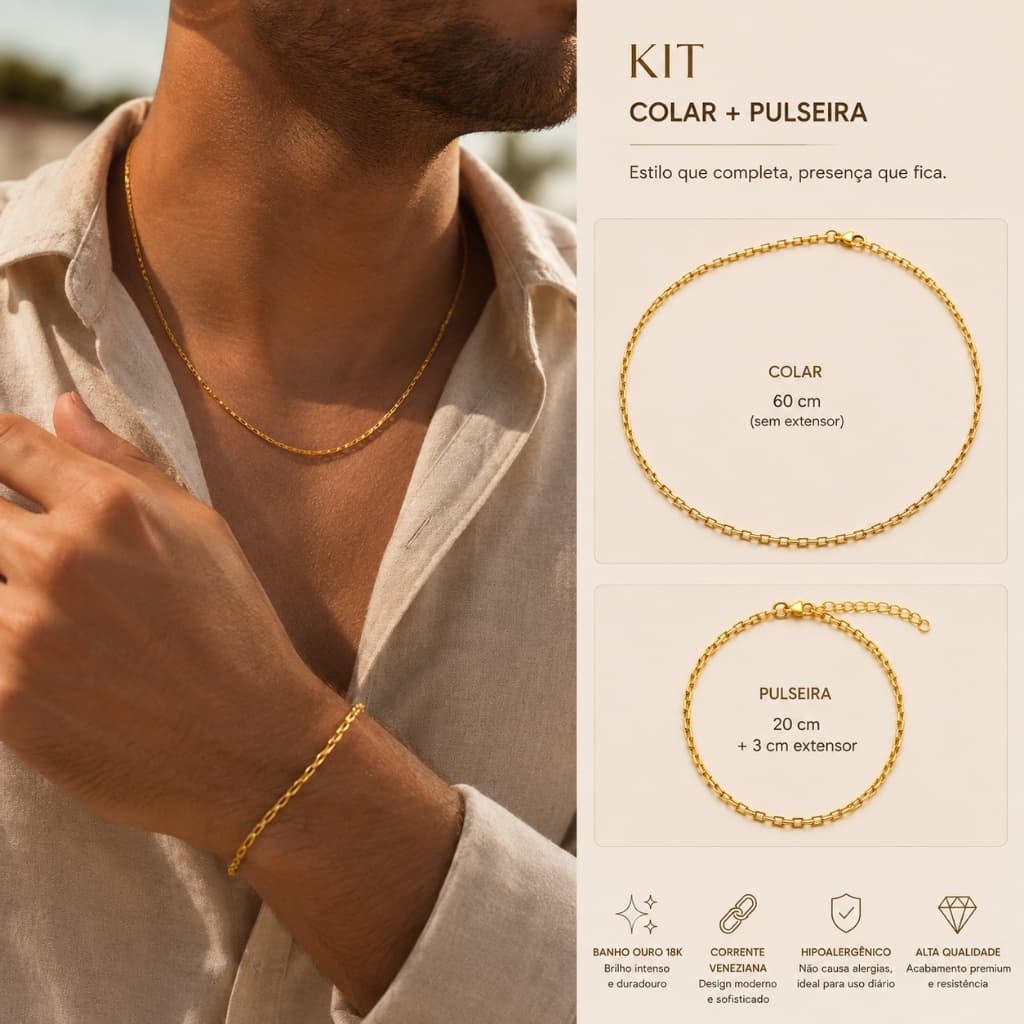 Kit Corrente Tijolinho Masculino + Pulseira Banhada a Ouro 18K, Kit Tijolinho Banhado a Ouro, Semijoias Masculinas, Corr