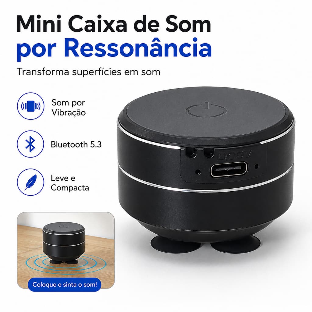 Mini Caixa de Som por Ressonância Bluetooth 5.3 TWS 3W Portátil com Ventosas, Bateria 400mAh e Carregamento Type-C USB