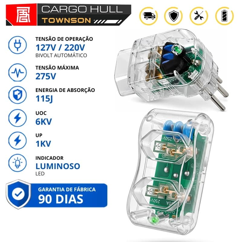 Protetor Contra Surtos 2 Tomadas 10A Bivolt | DPS 2P+T | Proteção Contra Picos e Variações de Energia 275V