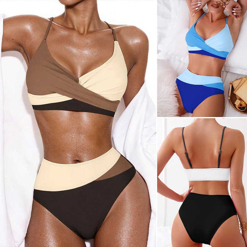 Biquíni 2 Peças Feminino Cintura Alta com Design Cruzado no Peito Roupa de Praia e Banho