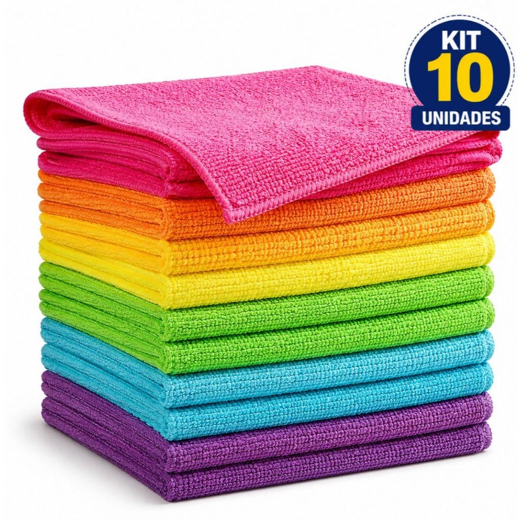Kit 10 Panos de Microfibra 30x30cm para Limpeza Multiuso Cores Sortidas