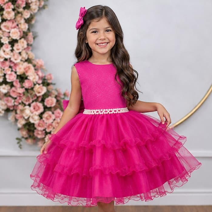 Vestido Infantil Pink Saia C/ Babados e Glitter Festas