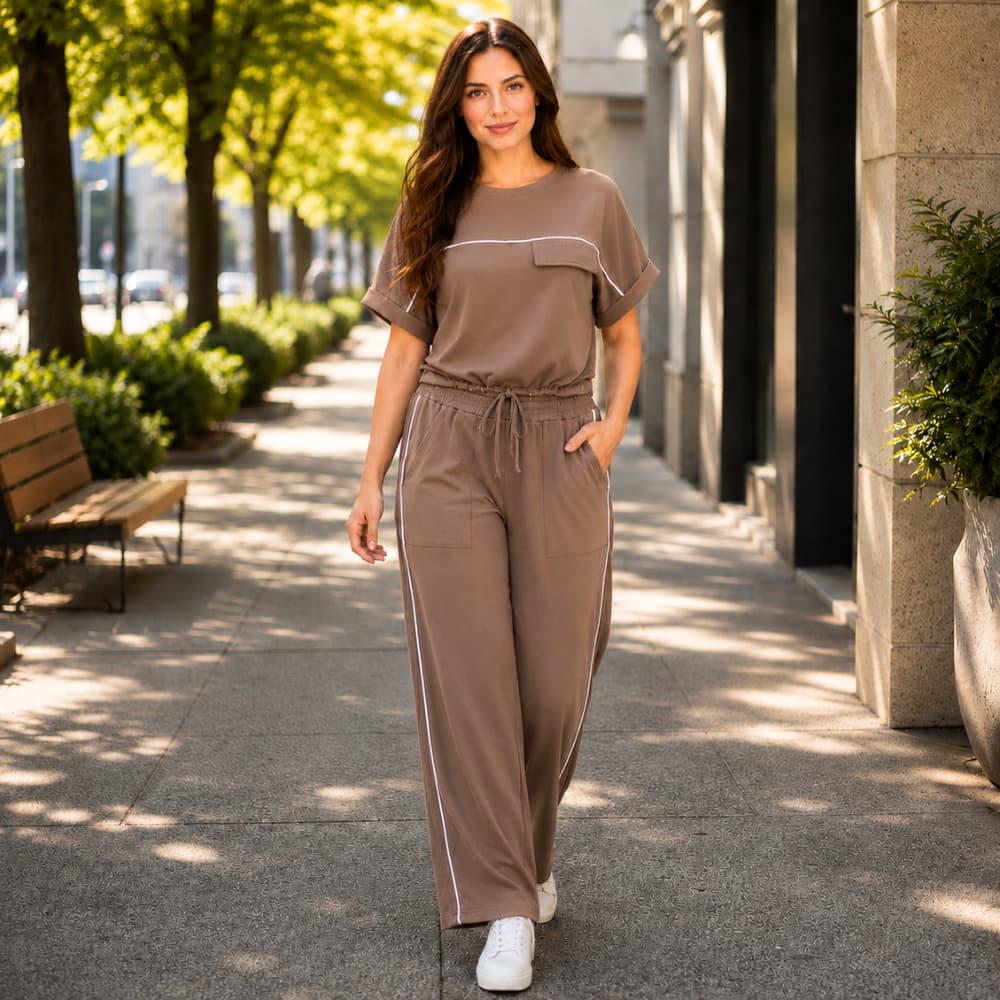 Conjunto Feminino Calça Pantalona e Blusa Moletinho Manga Curta Look Casual Confortável