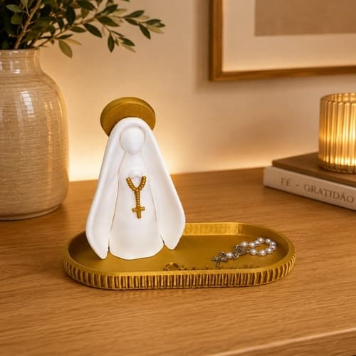 Kit Nossa Senhora Aparecida + Bandeja Porta Terço Dourada  Decoração Religiosa Moderna catolico