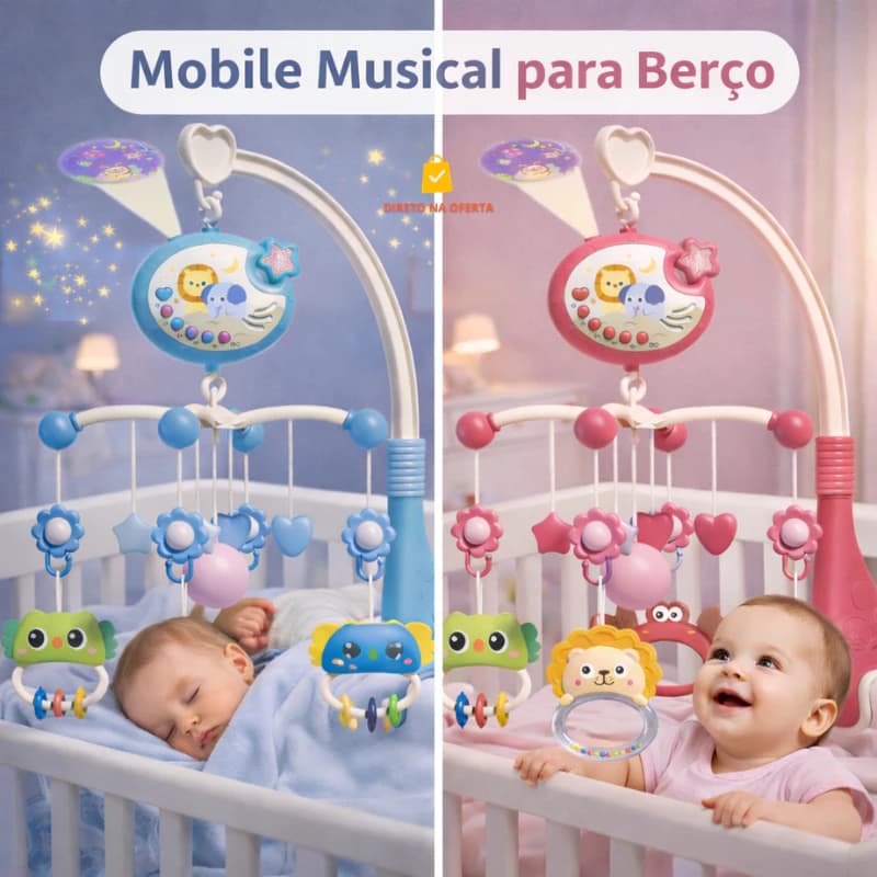 Mobile Musical Bebê Berço  Projetor Estrelas Rotação 360 Controle Remoto Luz Noturna Relaxamento
