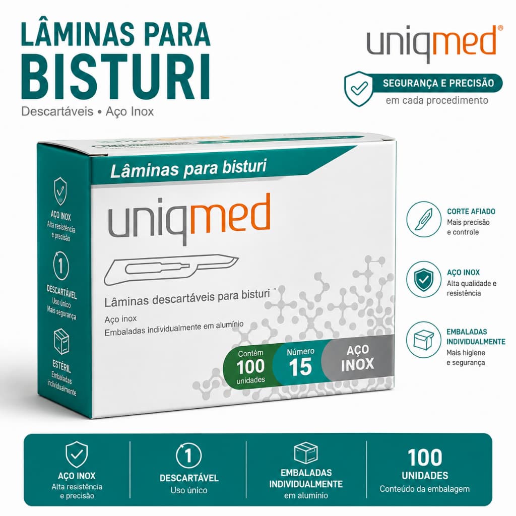Lâmina de Bisturi Nº 15 Aço Inox Descartável Uniqmed C/100 Unidades