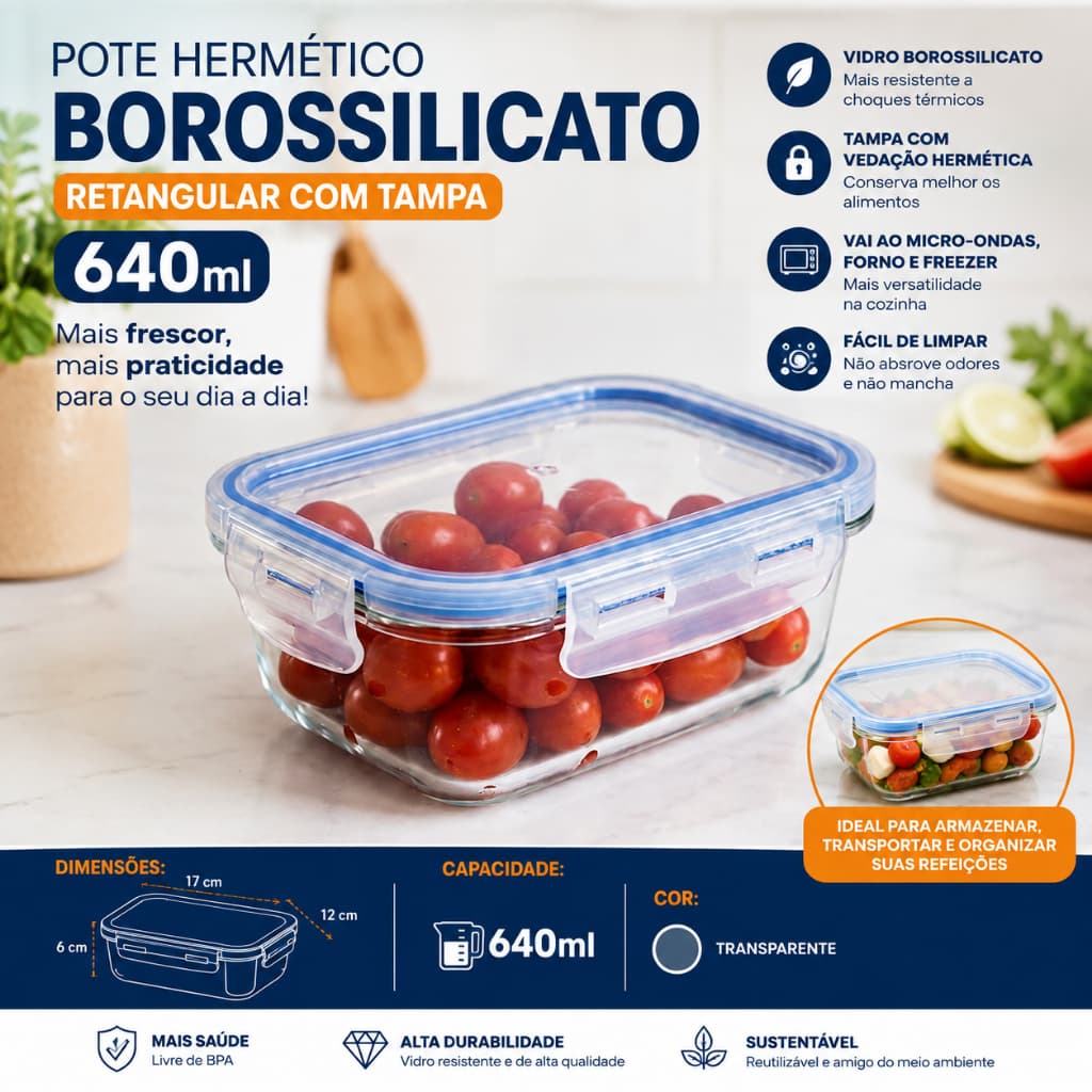 Pote Hermético de Vidro Kit Marmita Fit com Tampa 4 Travas Dieta Freezer Microondas Forno Alimento 🫕