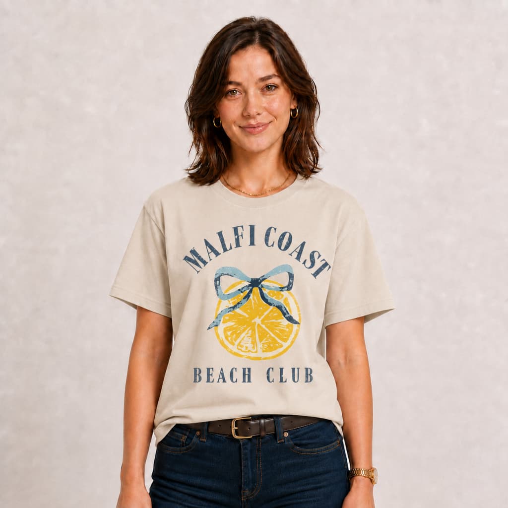 Camiseta T-Shirt Feminina Estampada Malf Coast Beach Club, 100% Algodão.