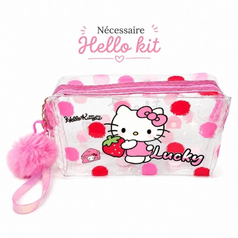 Necessaire Hello Kitty Transparente PVC com Pompom | Estojo Feminino Escolar Maquiagem