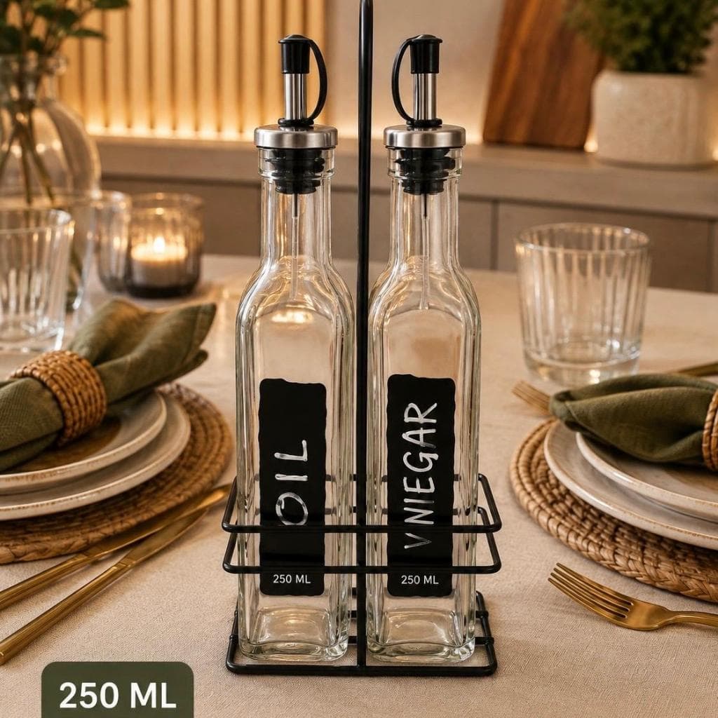 GALHETEIRO DE VIDRO COM SUPORTE ARAMADO - AZEITE E VINAGRE - 250 ML CADA