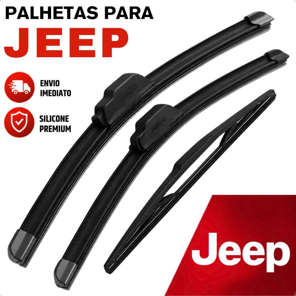 Jogo Palhetas Limpador de Parabrisa Dianteiro Traseiro Silicone Jeep Compass Renegade Gran Cherokee Commander Wrangler