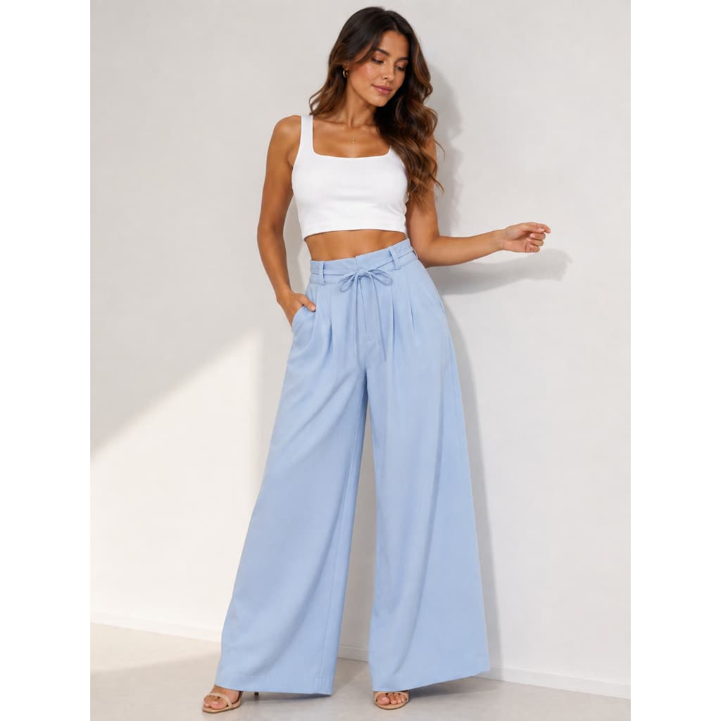 Calça Feminina Pantalona Cintura Alta Com Cordão na Cintura Tecido Sensoriale Marrant premiun