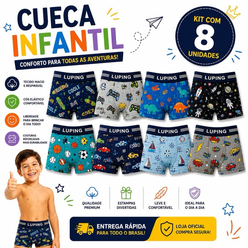 Kit Com 4 ou 8 Cuecas Boxer Estampadinhas  INFANTIL MENINO Premium