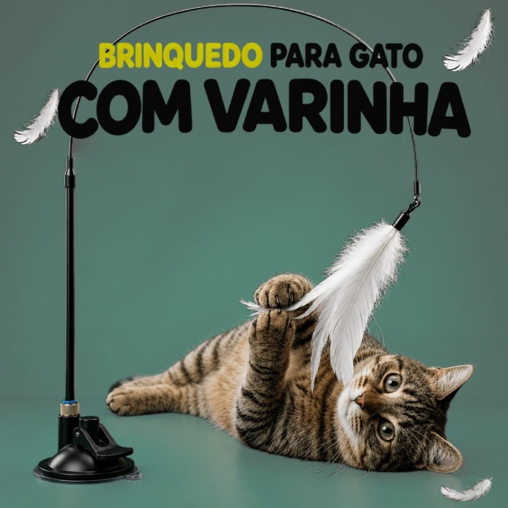 Brinquedo Interativo para Gatos Varinha com Pena e Ventosa para Fixar no Chão