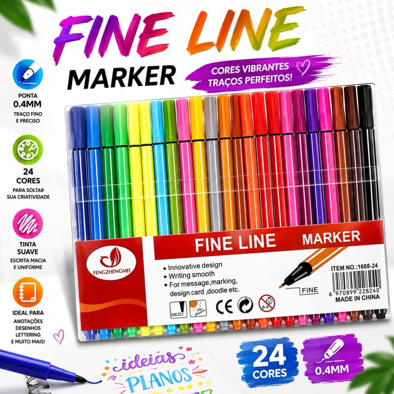 kit 24 Canetas Coloridas Fine Line Ponta Fina 0.4 mm