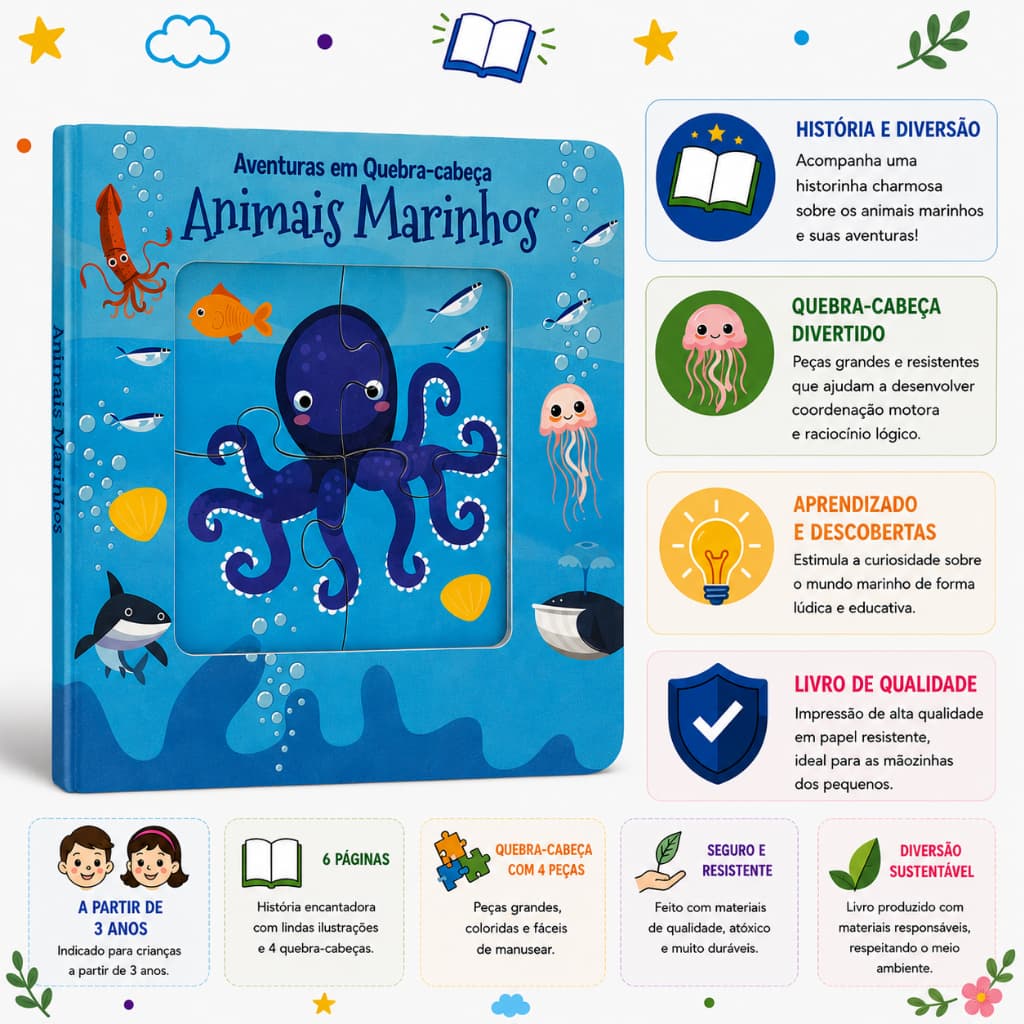 Aventuras em Quebra-Cabeça Animais Marinhos | Livro Quebra-Cabeça Infantil | Todolivro | 3+ Anos