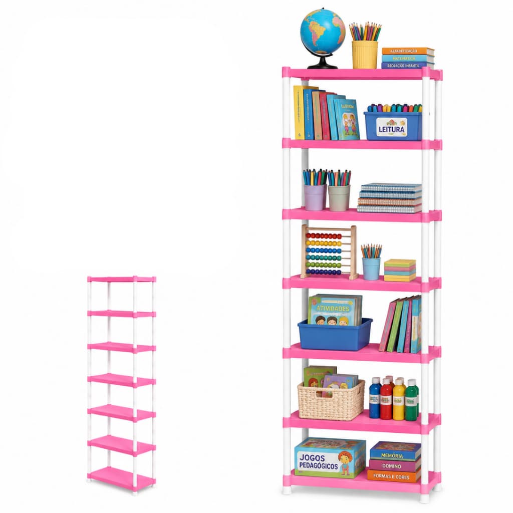 Prateleira Estante Rosa Infantil Bebê 7 Andares Grande Quarto Colorido Multiuso Resistente