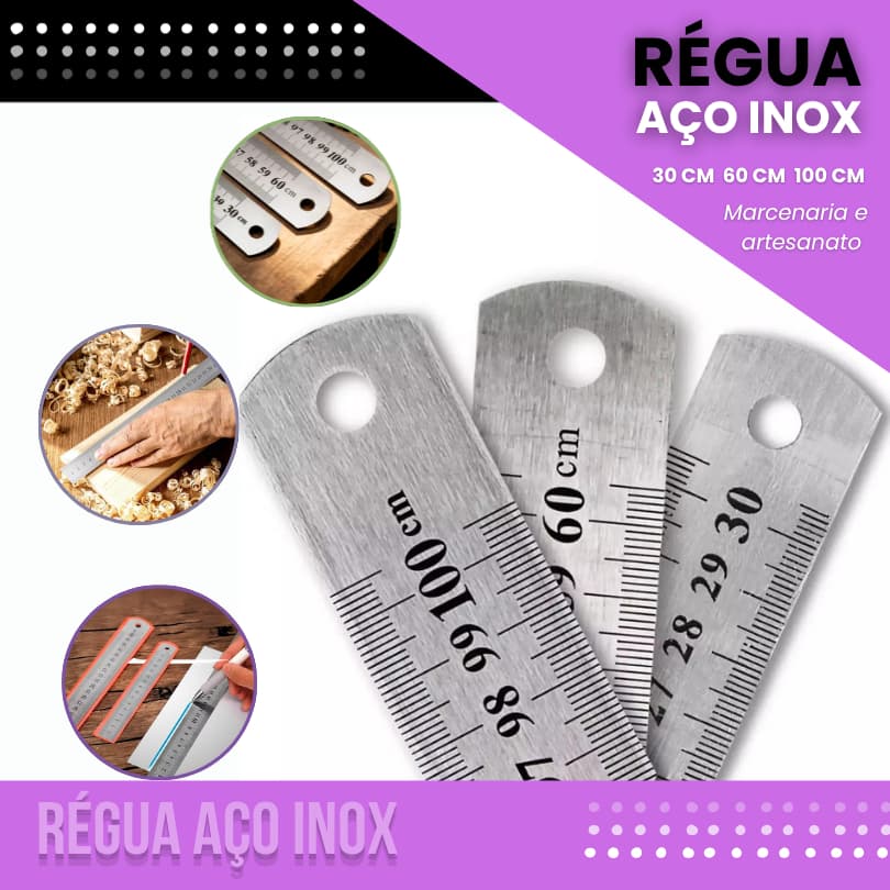 Regua de Aço Metal Inox Dupla Face 30cm/60cm/100cm- Artesanato e Patchwork