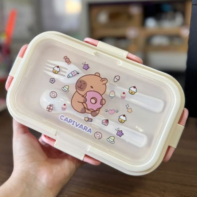 Kit Marmita Infantil Colher Garfo Capivara Com Repartição 700ml Escolar Menino e Menina FWB Capivibes Rosa ou Azul