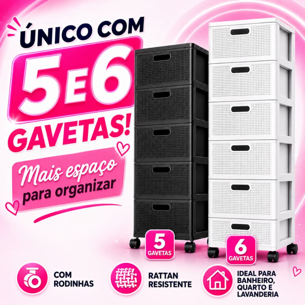 Gaveteiro Grande Organizador com Rodas Plástico Preto Branco - 3, 4, 5 ou 6 Gavetas