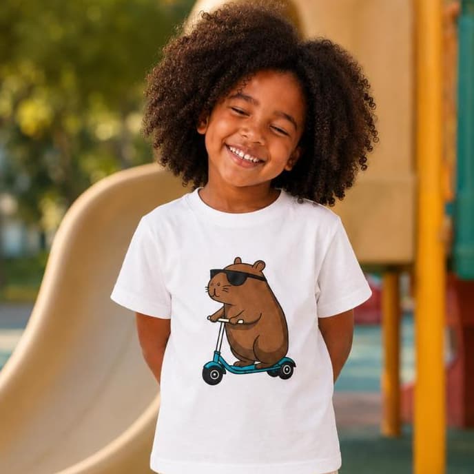 Camiseta Infantil Capivara no Patinete 🦫🛴 Estampa Divertida Unissex Menino Menina Manga Curta Confortável