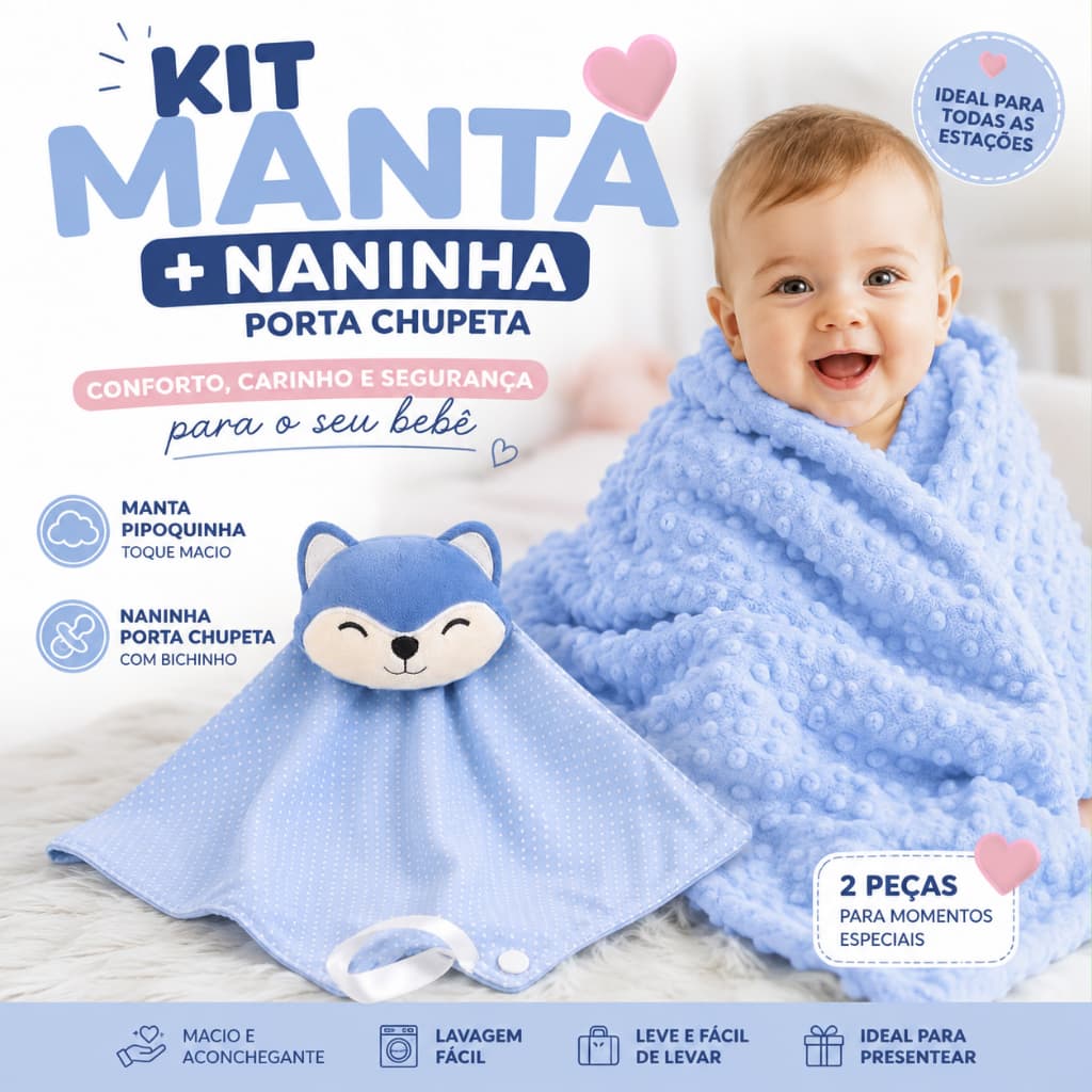Kit Manta Bebê Pipoquinha + Naninha Porta Chupeta Bichinho Cobertor Infantil Enxoval Bebê