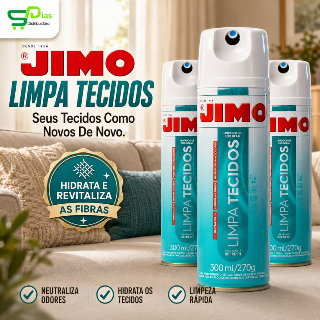 Jimo Limpa Tecidos 300ml Limpa Estofado Neutraliza Odor Sofá Banco Carro Tapete Cortina Kit 1 a 3un