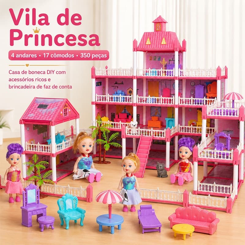 Casa de Bonecas Villa Luxo DIY, Brinquedo Infantil de Montar com Bonecas 14, 17 ou 18 Quartos