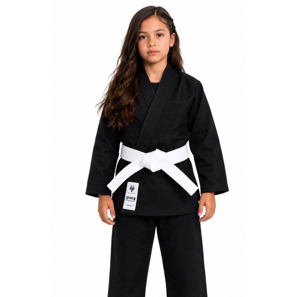 Kimono Infantil Jiu - Jitsu / judo Trançadinho Preto Draken + faixa branca simples Grátis