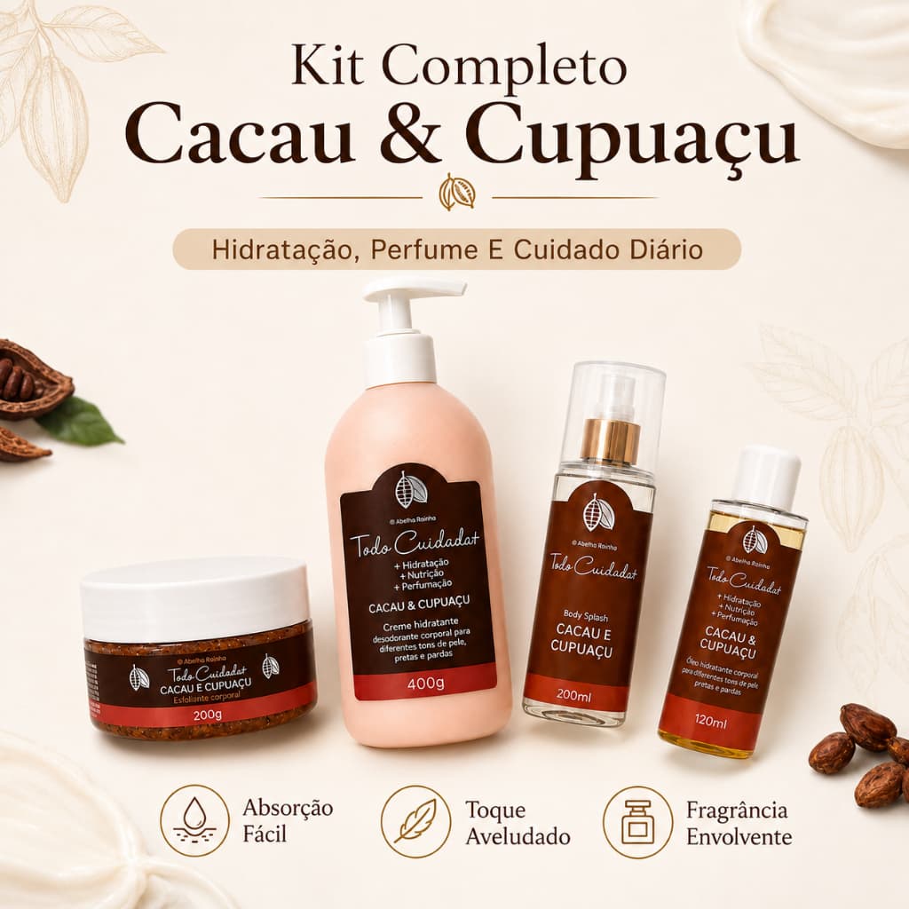 Linha Completo Cacau & Cupuaçu Todo Cuidado+ Creme 400g Esfoliante 200g Body Splash E Óleo
