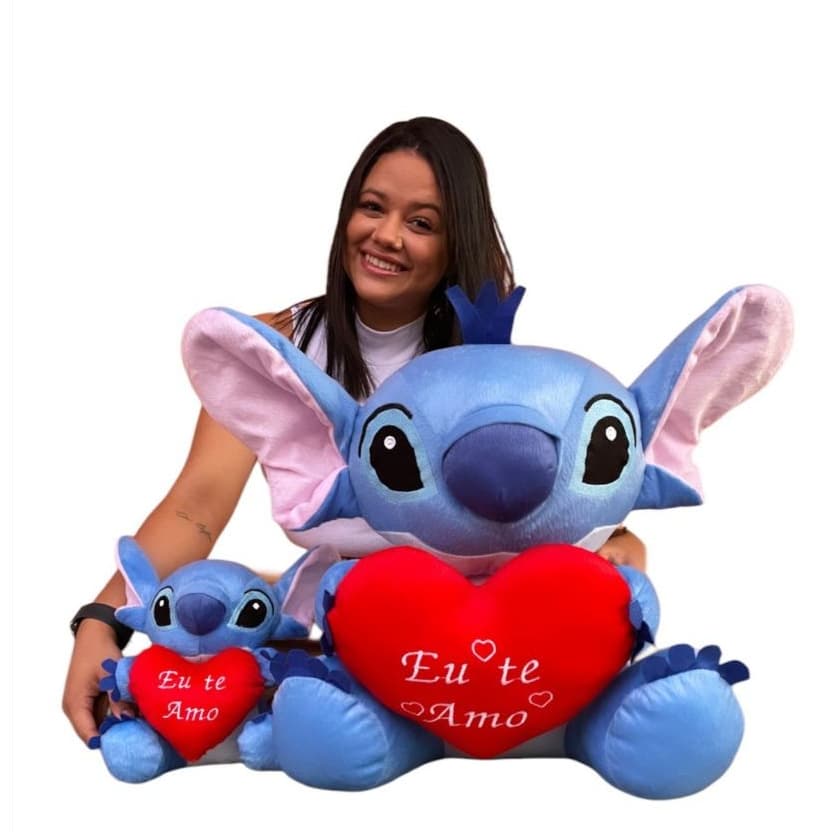 Pelúcia Stitch com Coração Bordado Eu Te Amo M 22cm ou G 45cm Decoração para Quarto e Presente Infantil e Adulto