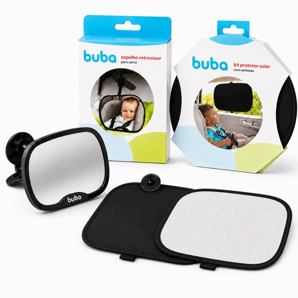 Kit Com Espelho Retrovisor Com Ventosa e Clipe + 2 Protetor Solar Blackout Bebê Carro Ventosa Buba