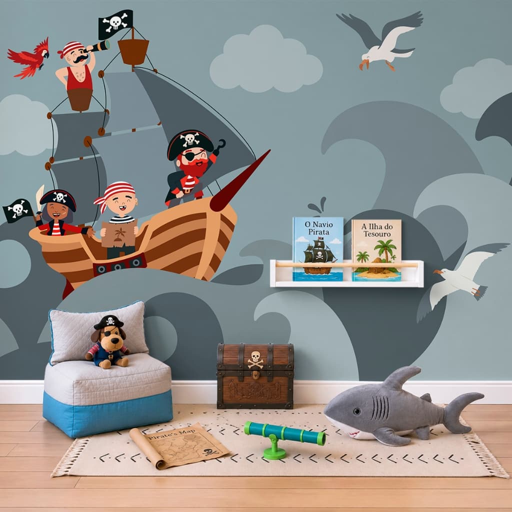 Papel de Parede Piratas em Alto Mar Infantil Cute - Adesivo Autocolante de Parede