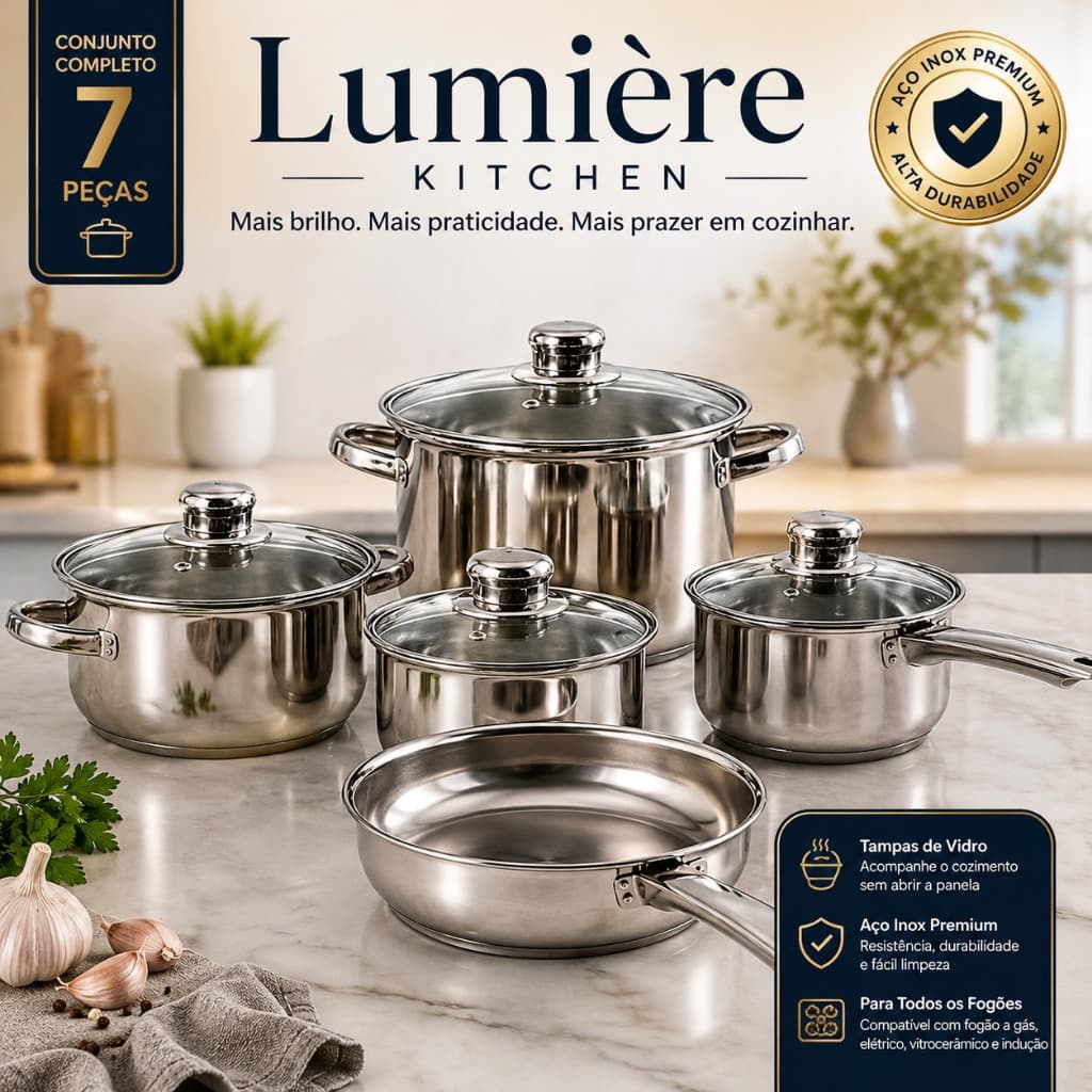 Jogo de Panelas Inox 7 Peças Lumière Kitchen com Tampas de Vidro