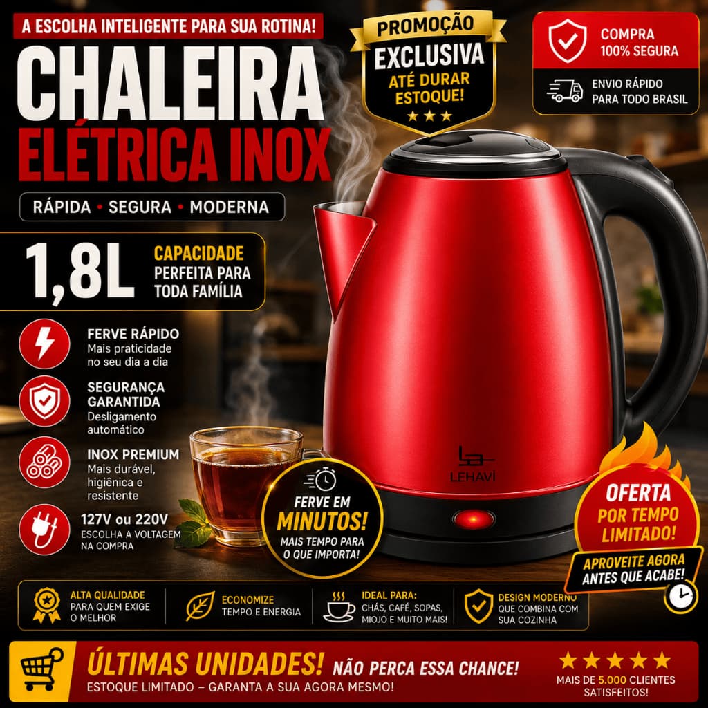 Chaleira Elétrica Inox 1,8L 220V Desligamento Automático Vermelha, Inox