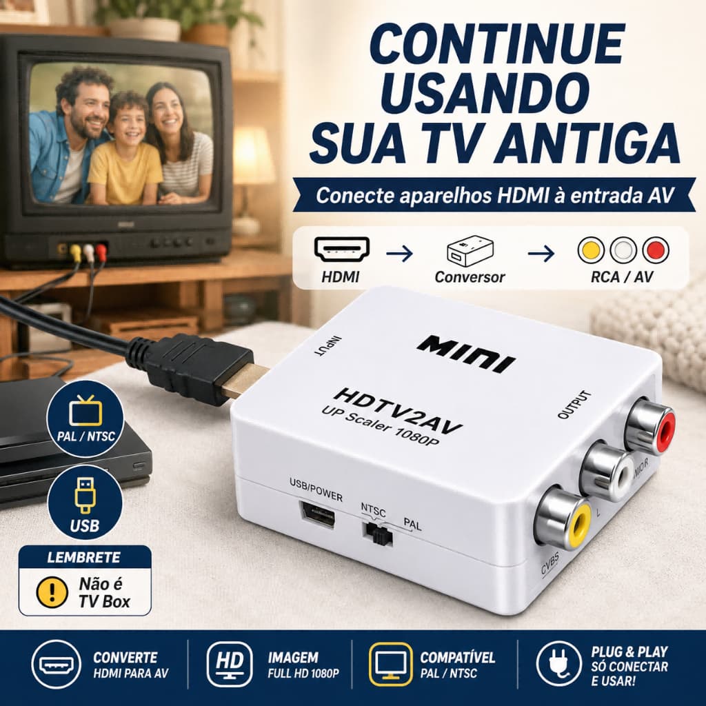 Adaptador Conversor HDMI Para AV RCA Para TV Antiga HDMI2AV PAL NTSC USB Não É TV Box
